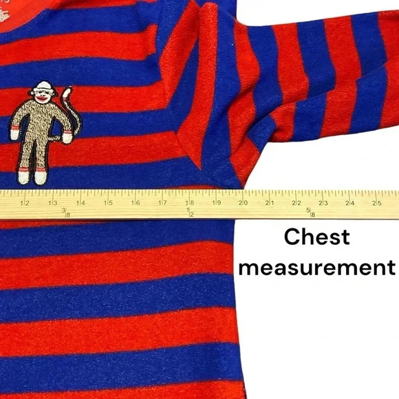 🐒 Sock Monkey red and blue striped onesie pajama adult size small 🐒 - Picture 5 of 7